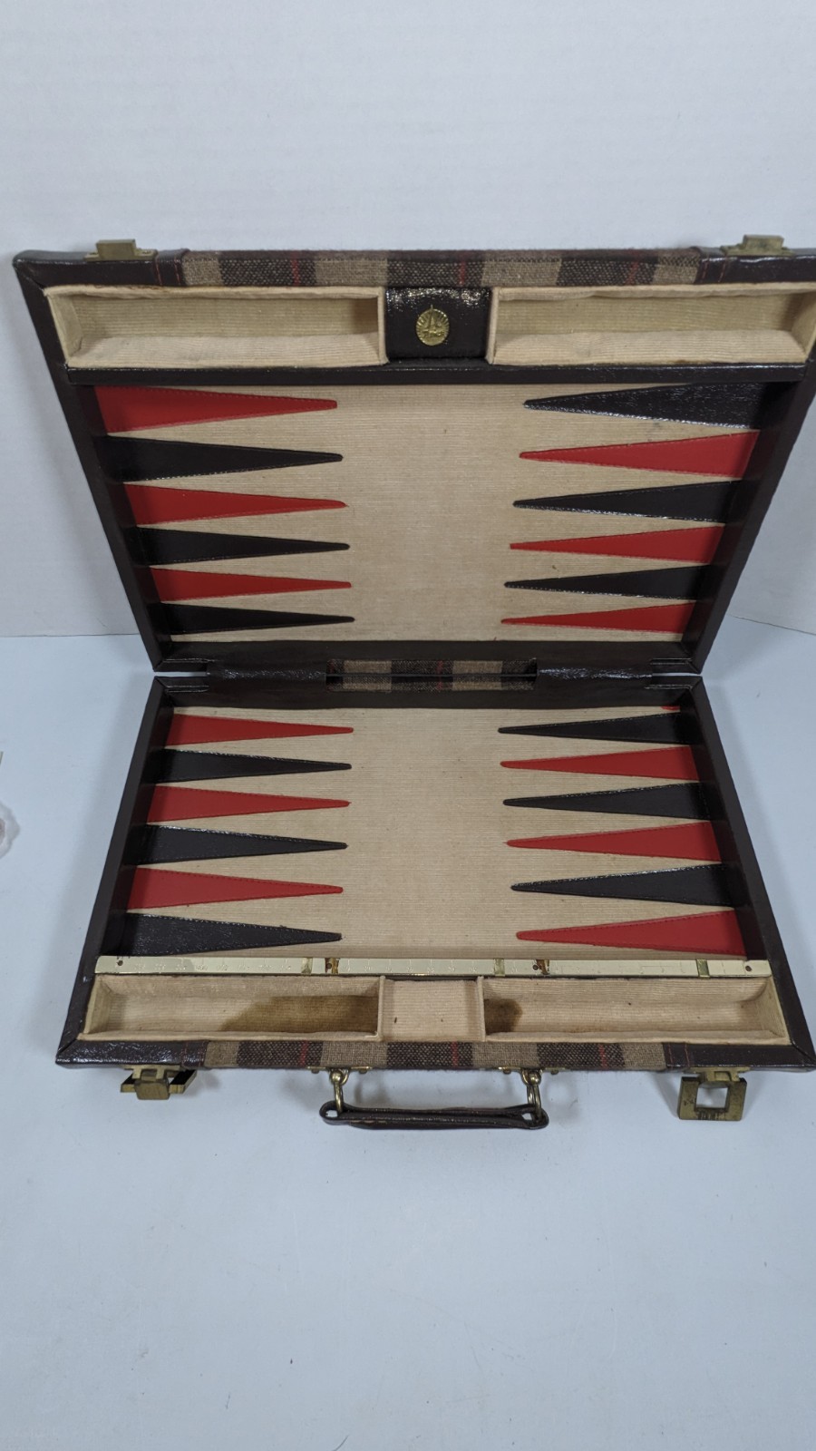 Vintage Aries Of Beverly Hills Backgammon Set Brown And Red Plaid COMPLETE