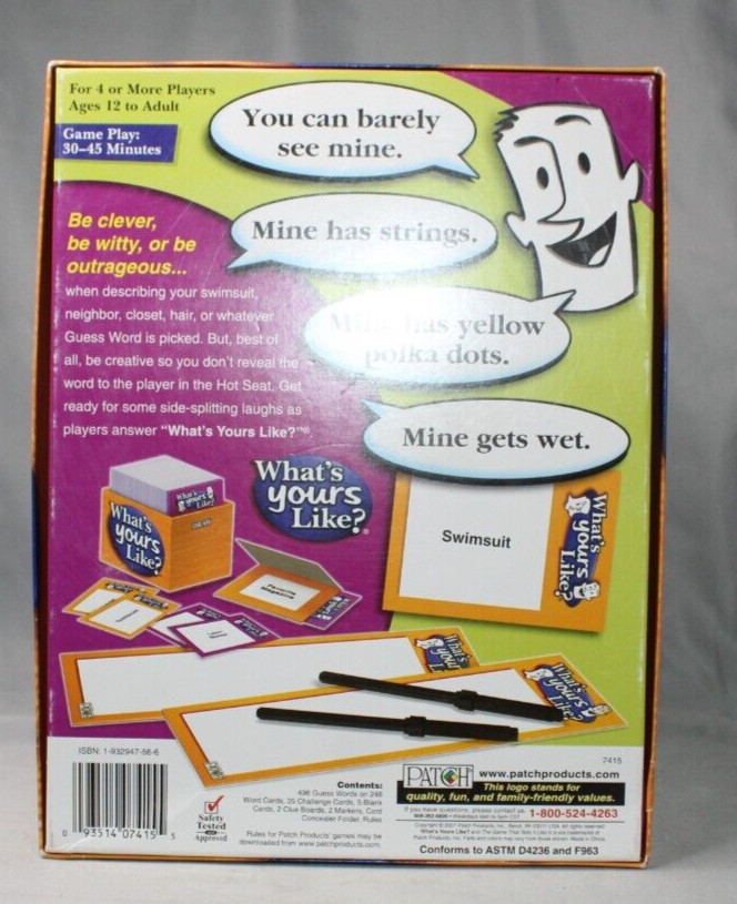 WHAT’S YOURS LIKE? Family GAME NIGHT & Party Board Card Game 2007 Patch Products