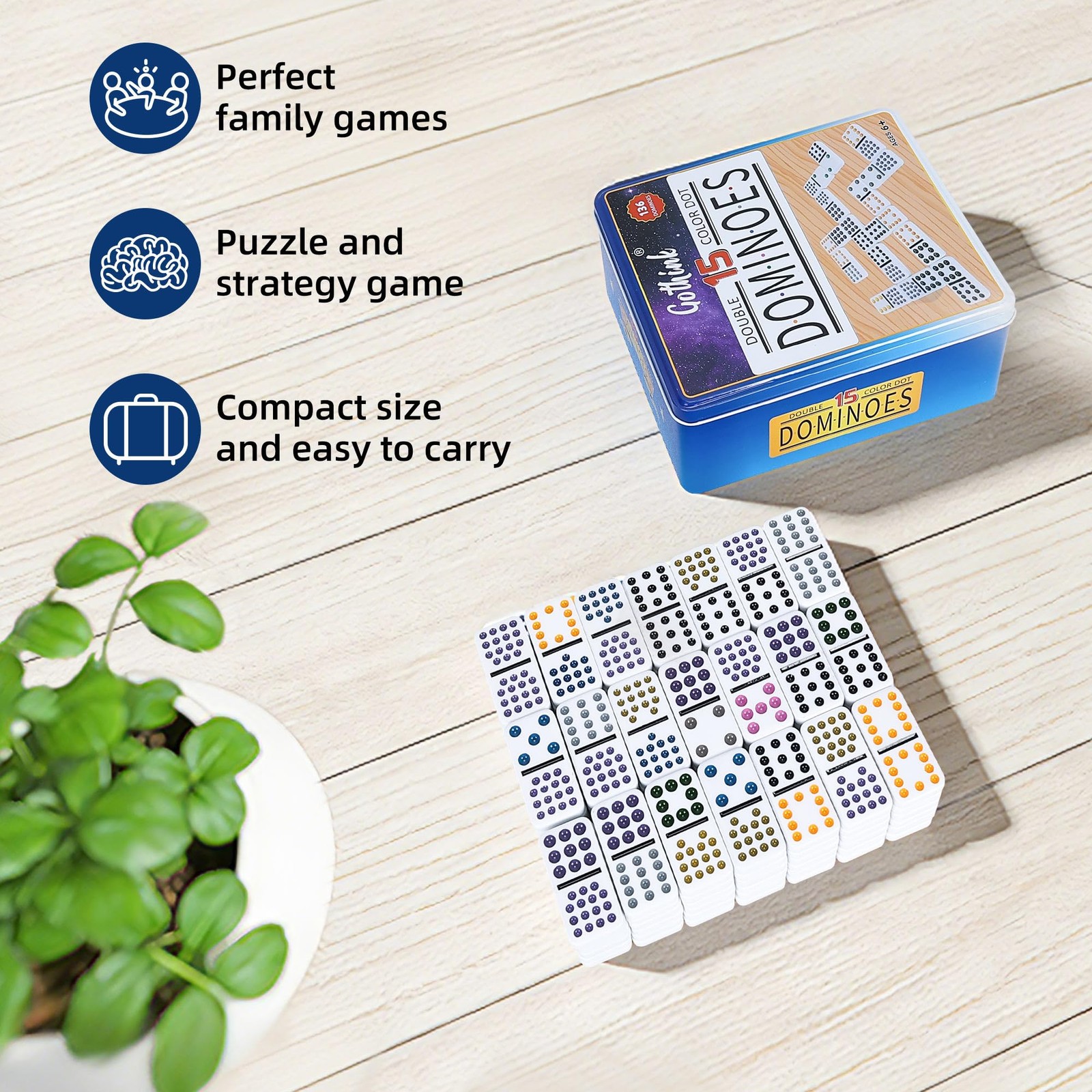 Double 15 Dominoes Set for Adults – Classic 136 Tiles Colored Dots Double Fif…