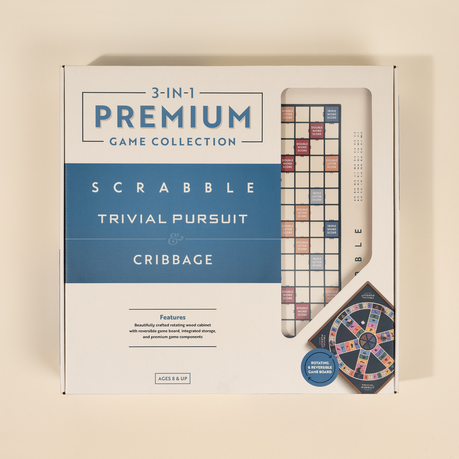 WS Game Co. 3-in-1 Premium Game Collection: Scrabble, Trivial Pursuit, Cribbage