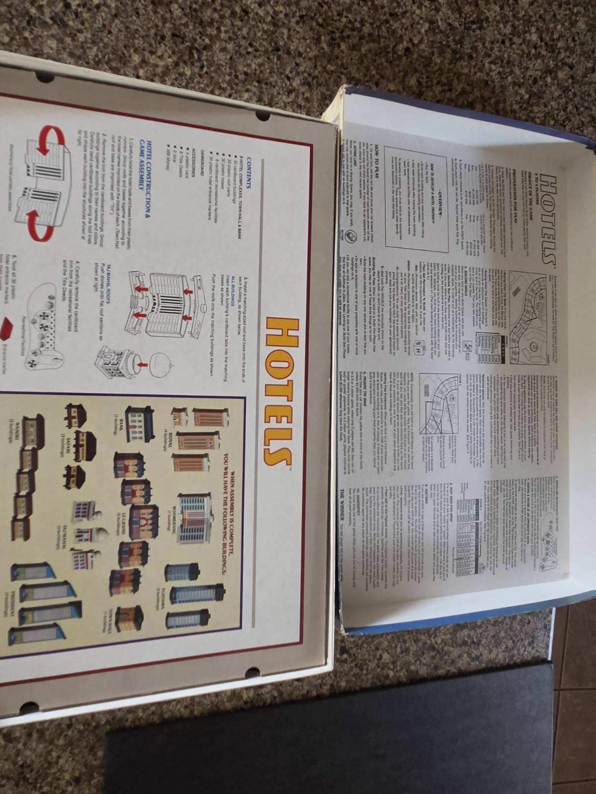 Milton Bradley Hotels Game w/all 3-D Buildings & Dice, Money, 2 Cars, Pools