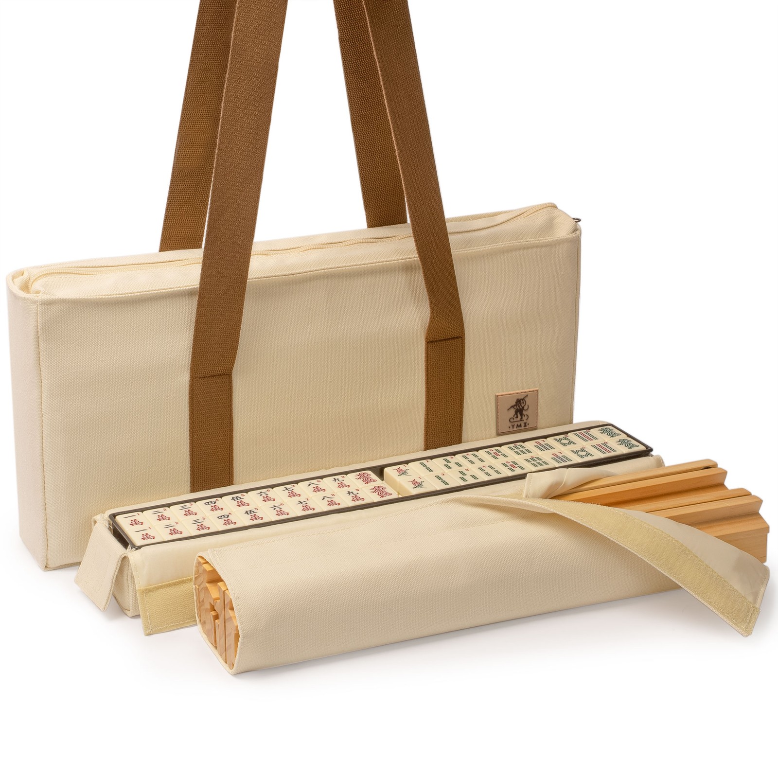 American Mahjong Set, “Ivory Stripes” – 166 Tiles with Beige Soft Case