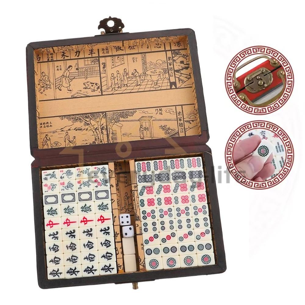 Vintage Chinese Mahjong Set Traditional 144 Tiles Mah-Jong Game Set w/ Case Box