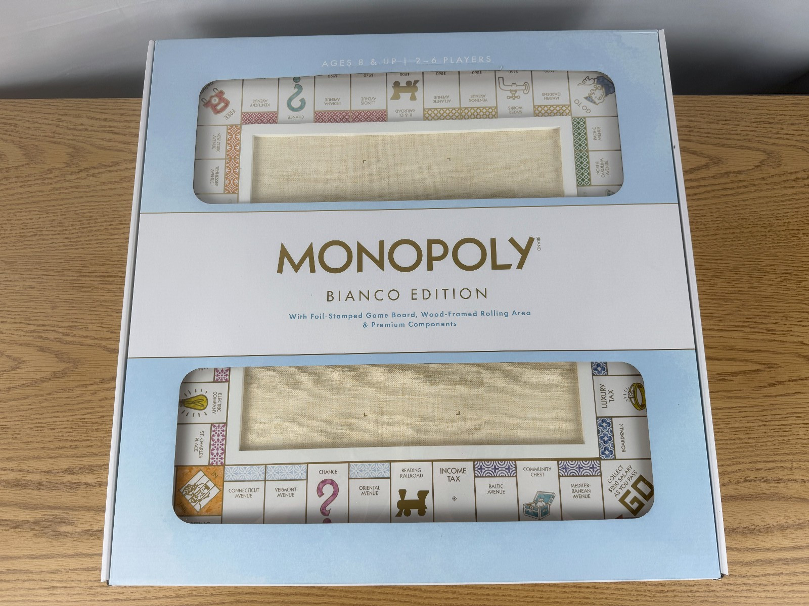 WS Game Co Monopoly Bianco Edition with Foil-Stamped Wood Game Board Open Box
