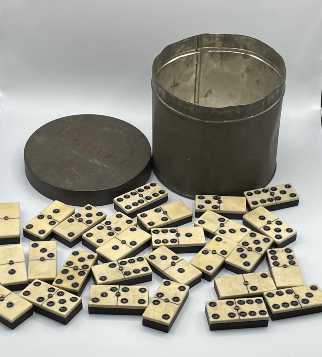 (27) Antique Handmade Bone and Ebony Dominoes Metal Rivet w/ Antique Metal Tin