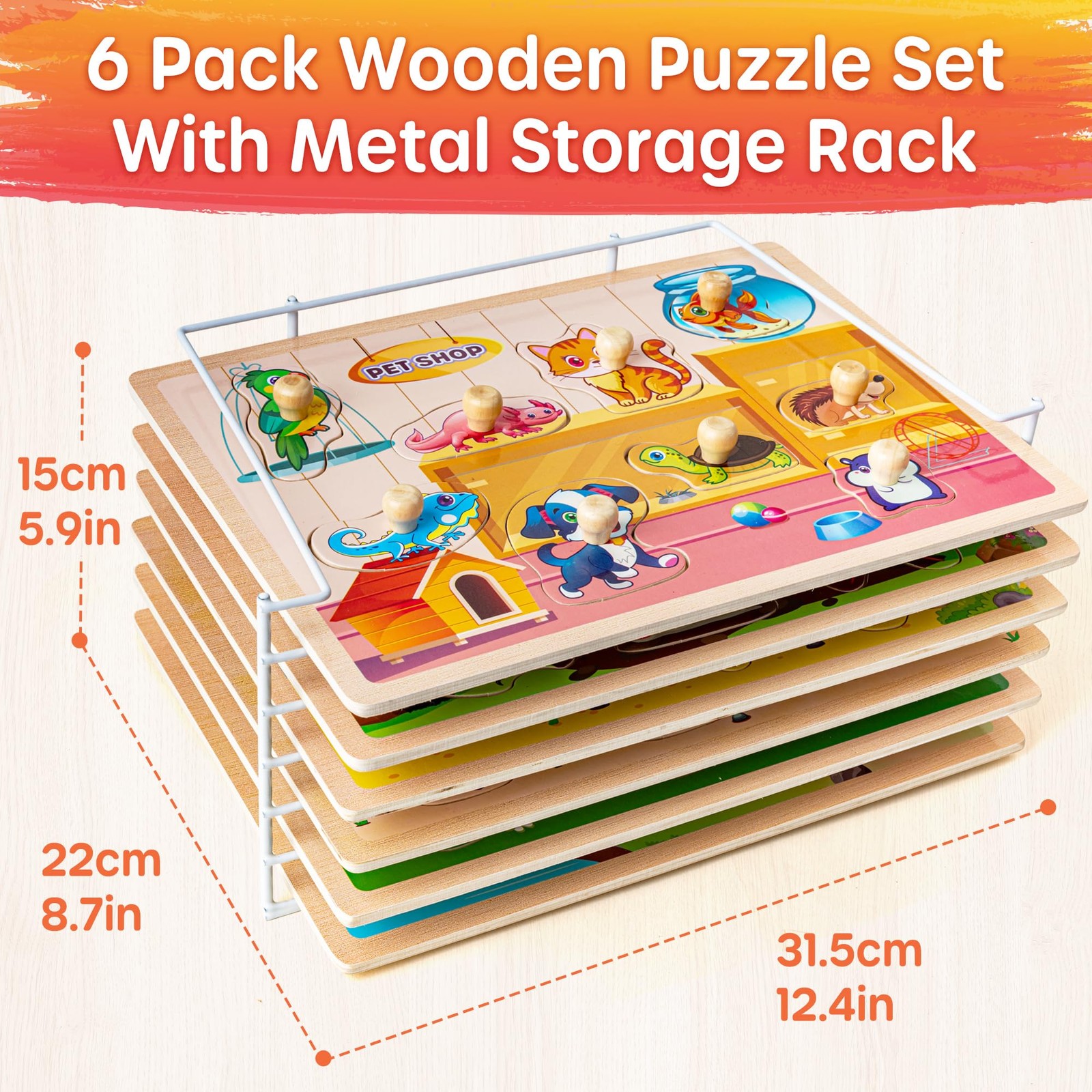 Wooden Puzzles Toddlers Ages 1-3 Animals Educational Montessori 6X Set 2-4