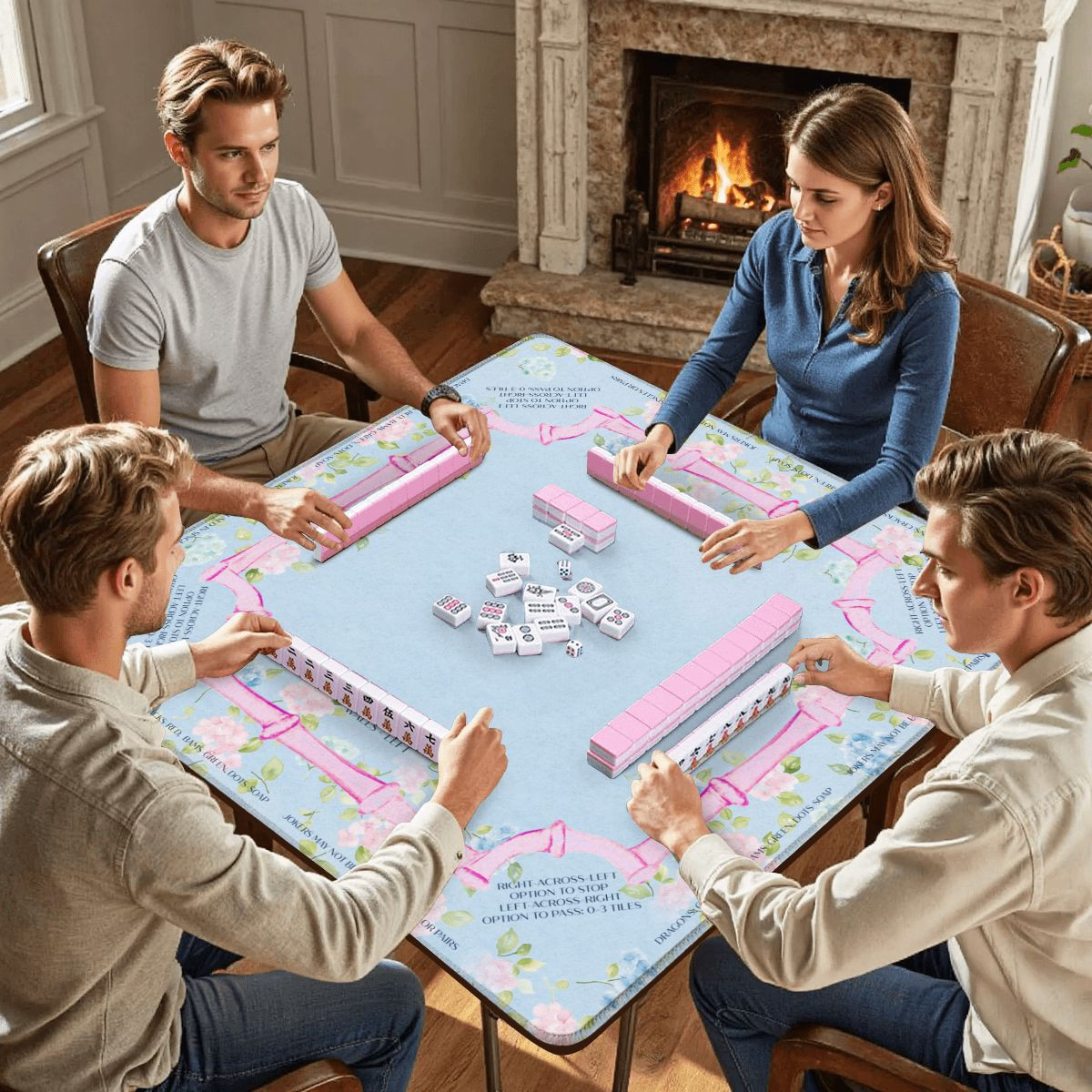 Hydrangea Floral Mahjong Mat – 3MM thick, 31.5″x31.5″, Pink and Blue