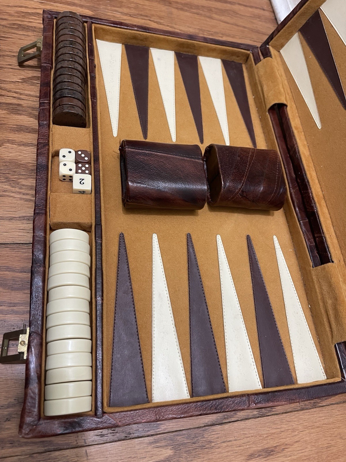 Backgammon Strategy Board Game Set w/ Brown Travel Case, Dice & Cups