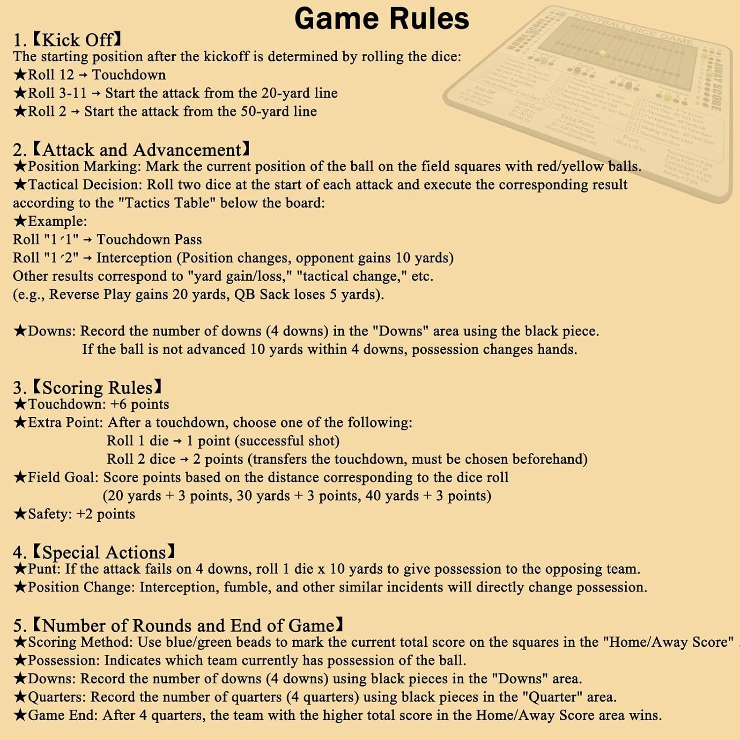 Football Dice Game – Tabletop Wooden Board Game with Scoring Track for Family Fu