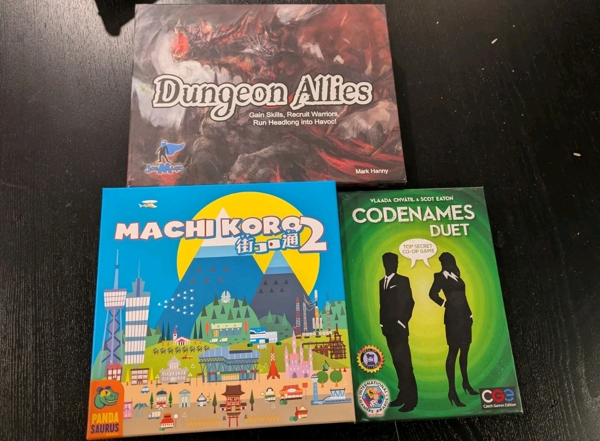 Machi Koro 2 Board Game, Code Names Duet, Marvel United, Dungeon Allies