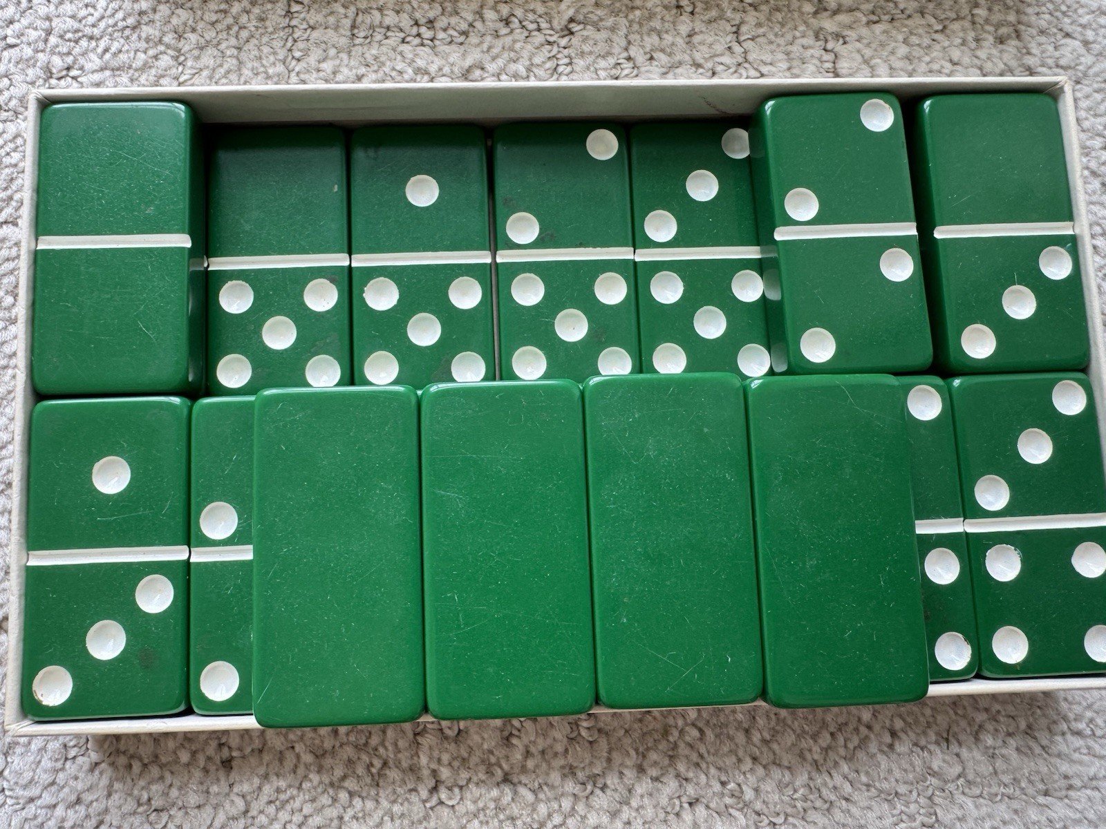 Vintage Puremco Marblelike Dominoes #616 Kelly Green Standard Domino Set In Box