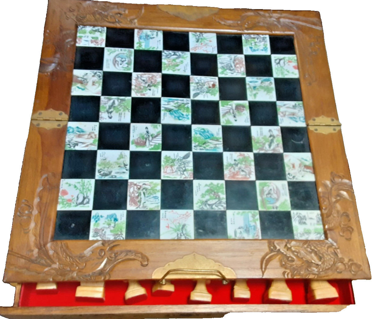 Antique handmade chess set made of natural wood and ceramic