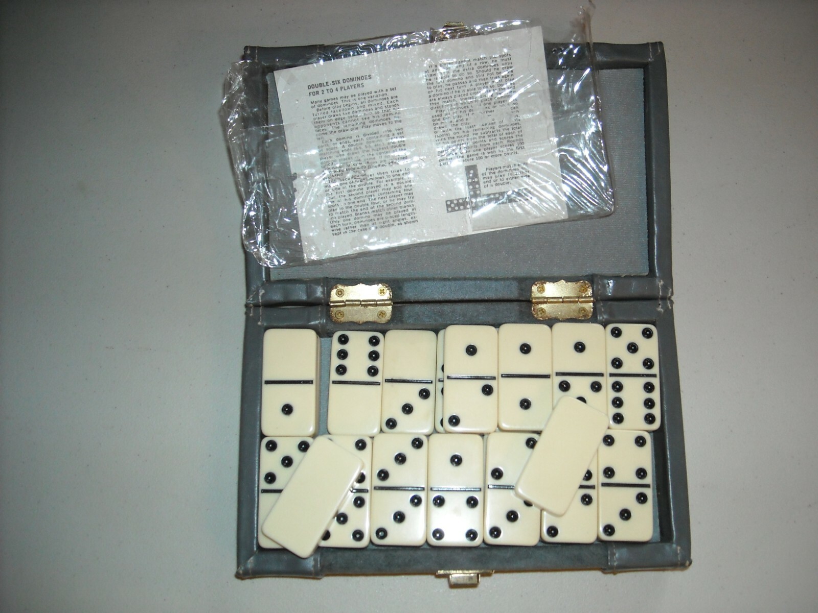 Vintage Double Six 6 Dominoes in Gray Leather / Suede Snap Case