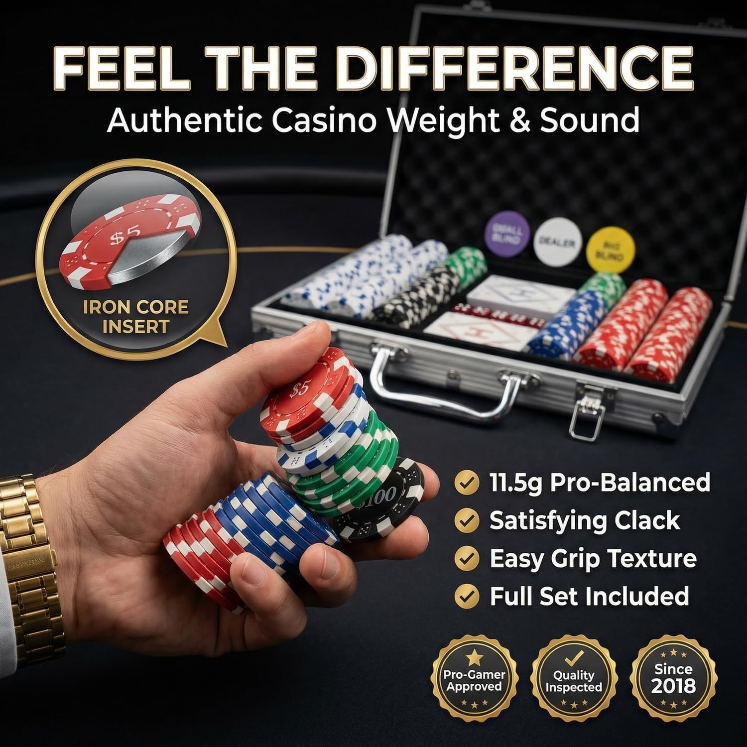 Poker Chips 500pcs 11.5g Numbered Casino Grade Aluminum Case HEITOK Decks