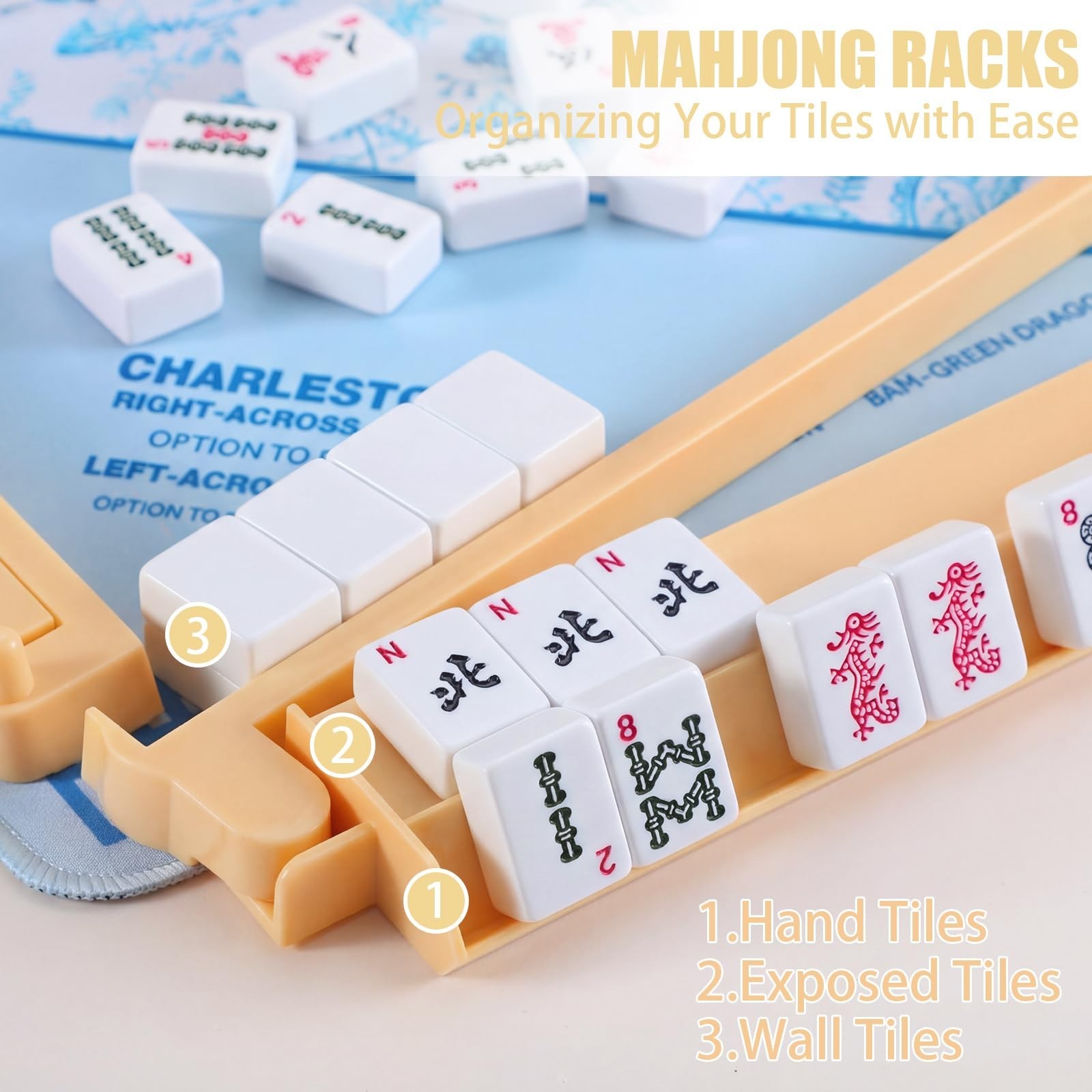 4 Pcs 18.7″ Creamy Yellow Acrylic Mahjong Tile Racks & Pushers – Game Night Set