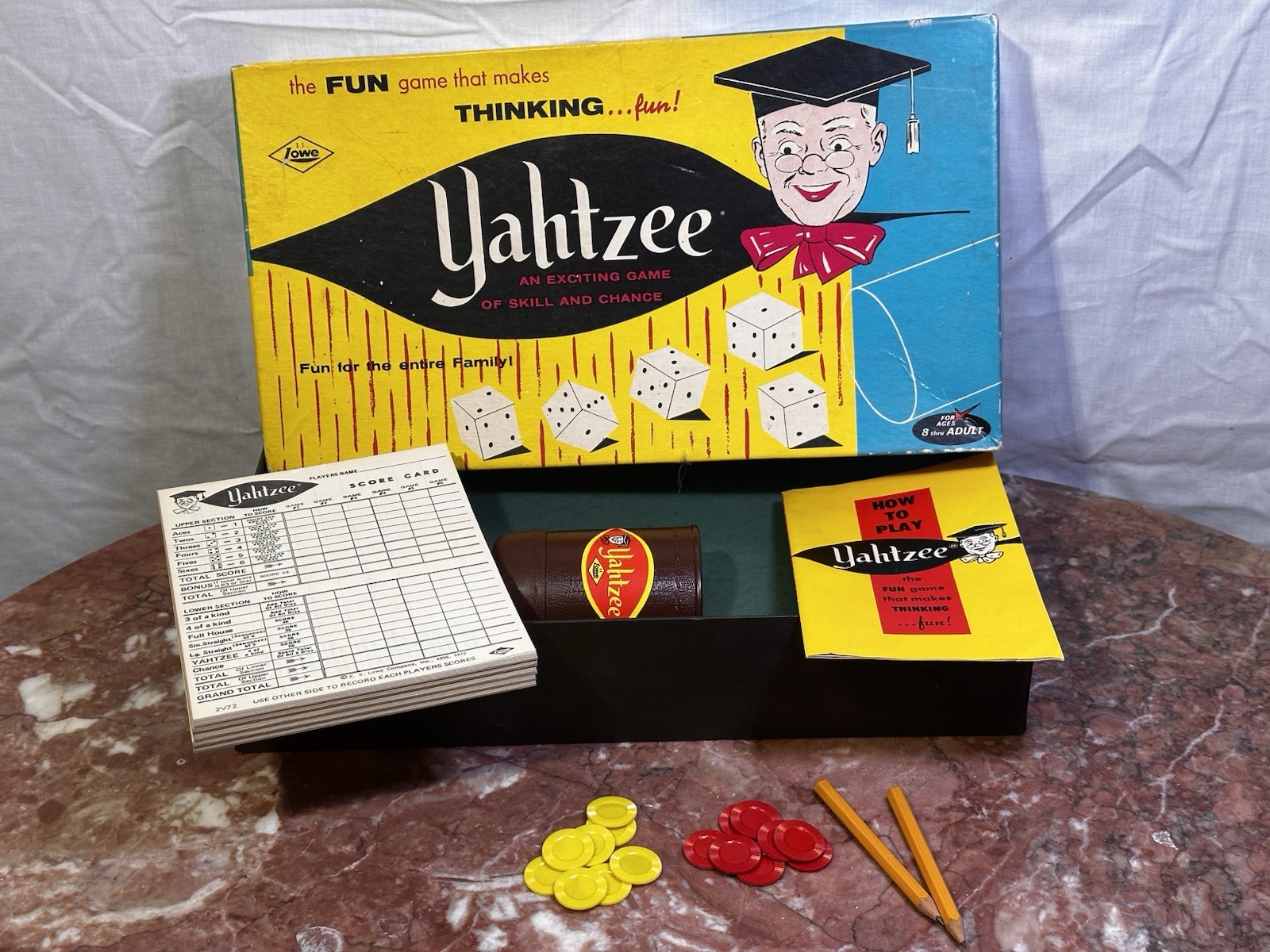 Vintage Yahtzee Game E.S. Lowe Co. 1956 1972 Complete Dice Cup Chips Score Cards