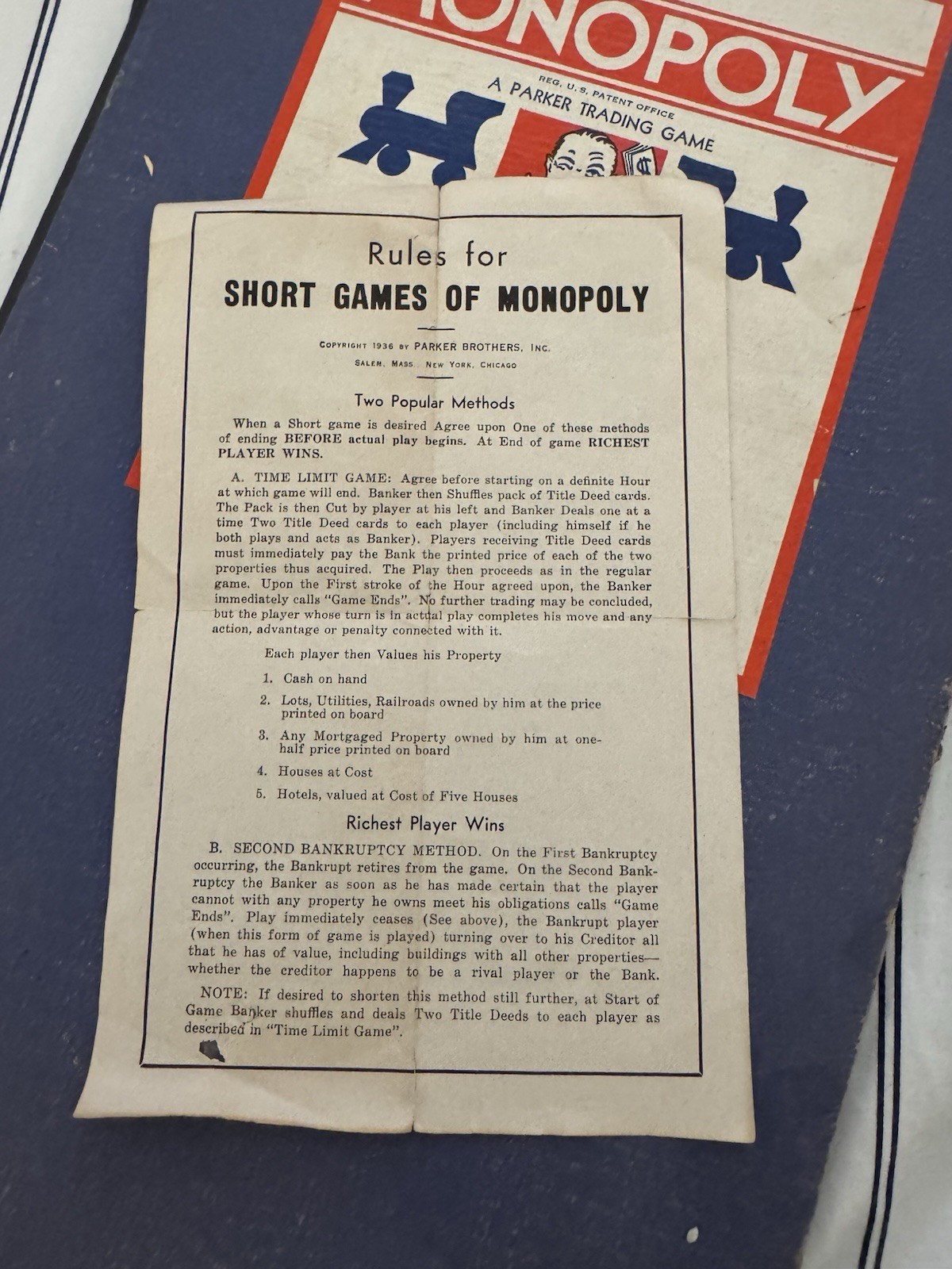 1935 Monopoly Set – Parker Bros. Blue Box, Single Patent No. 2,026,082 – Rare
