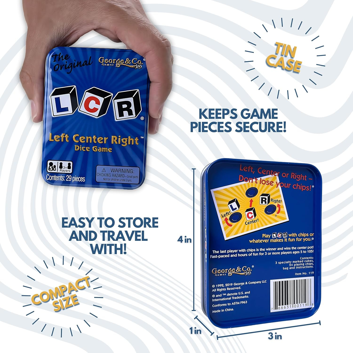LCR® Left Center Right™ Dice Game – Blue Tin