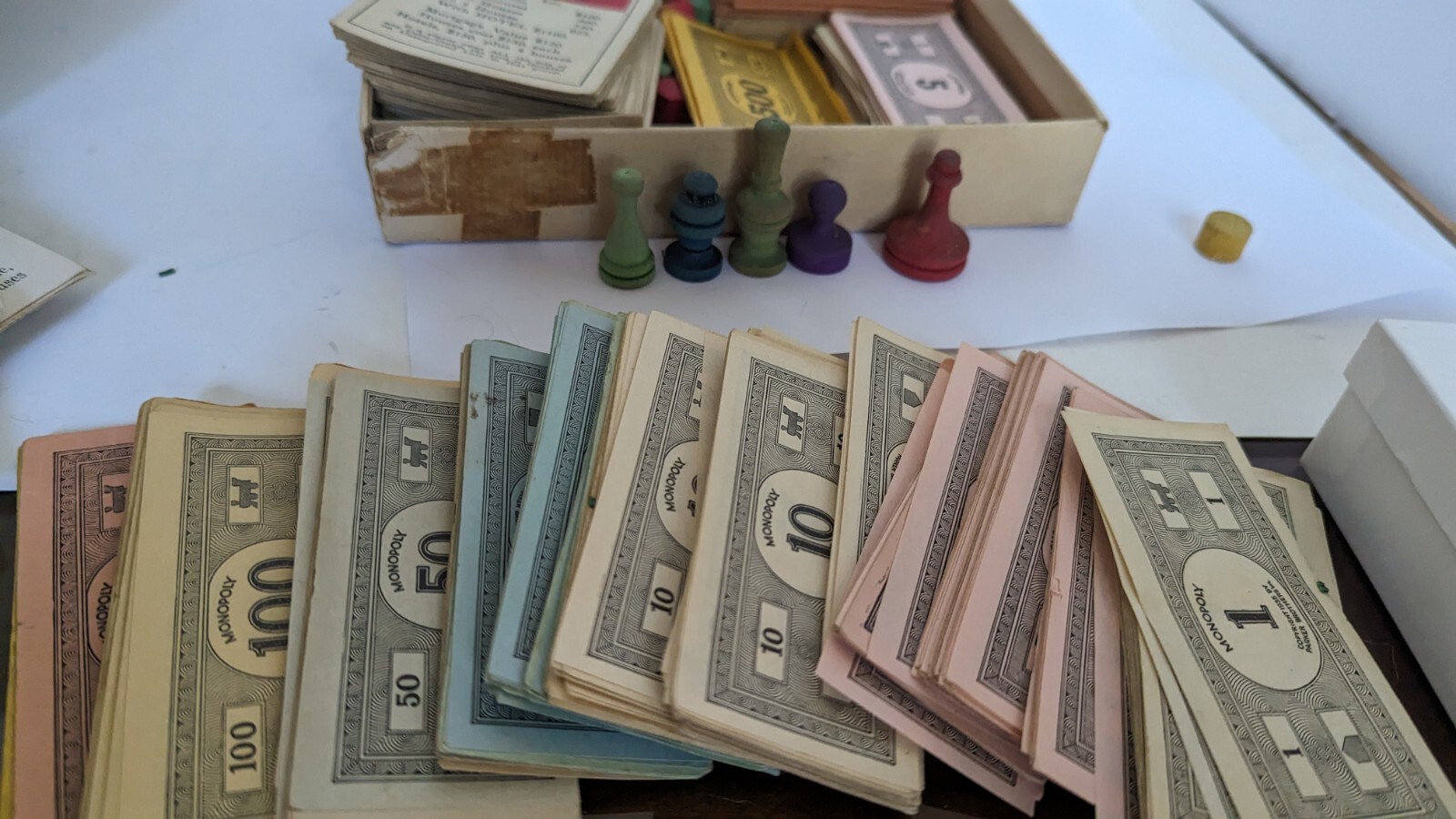 Monopoly 1930’s Blue Box Wood Houses & Hotel Wood Game Pieces Dice, Cards, Rules