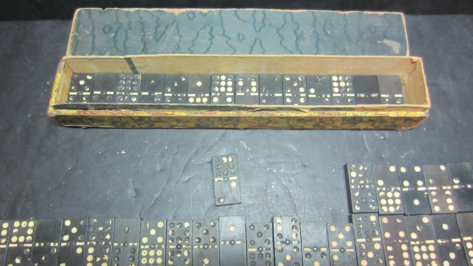Vintage Wood Dominoes White Dots Shedding 55 Pieces in Old Floral Wood Box Worn
