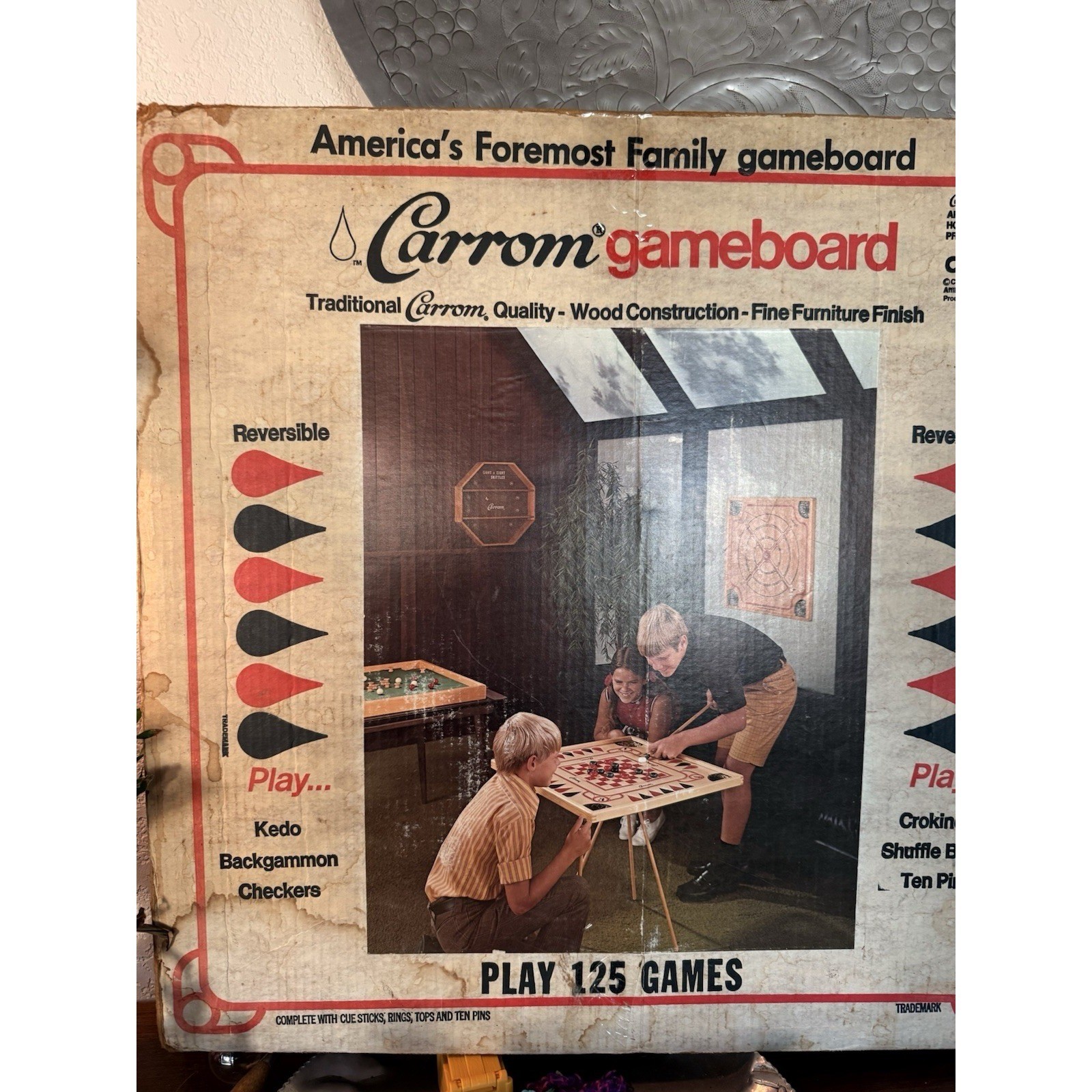 Vintage Carrom Gameboard 125 Games Reversible Wood Board Original Box No. 108