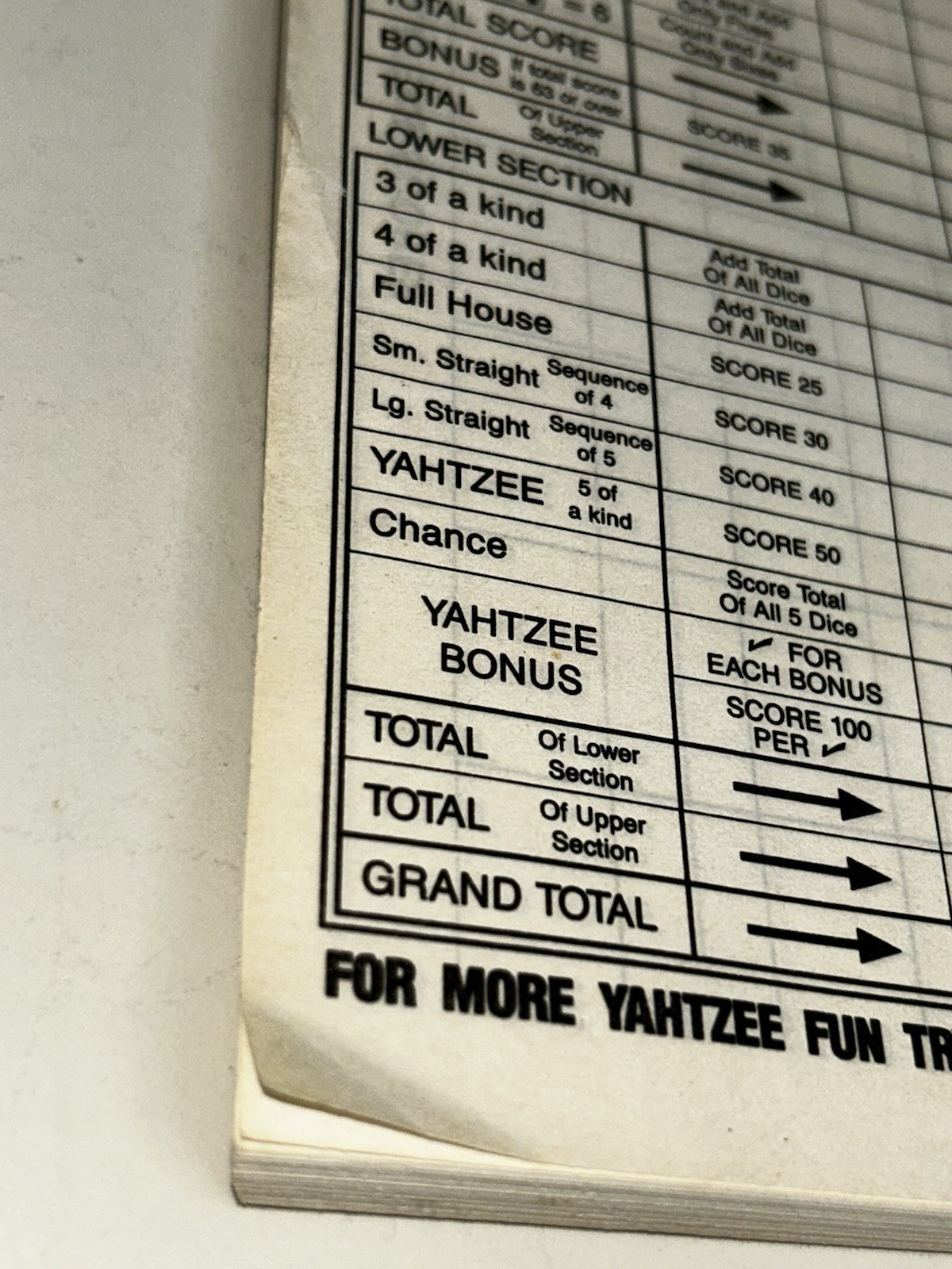 Yahtzee Score Card Pad Replacement Refill Sheets Lowe Milton Bradley 75-80 pages