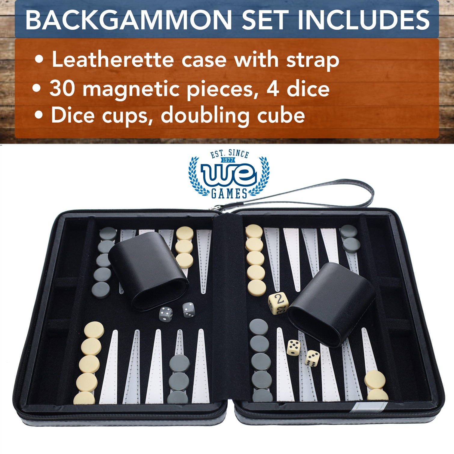 WE Games Travel Magnetic Backgammon Set, Black with Grey Stripe Leatherette Case