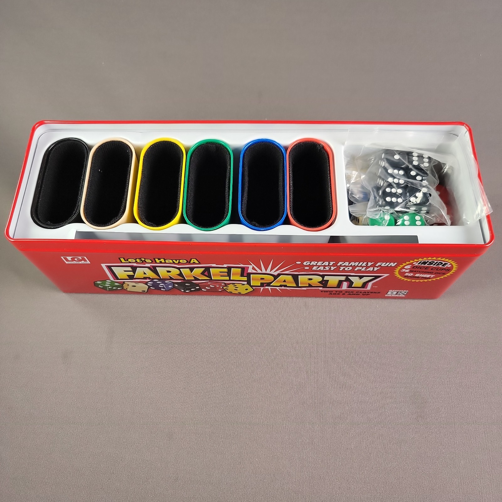 Farkel Party Dice Game Complete w. score cards & instructions original metal box