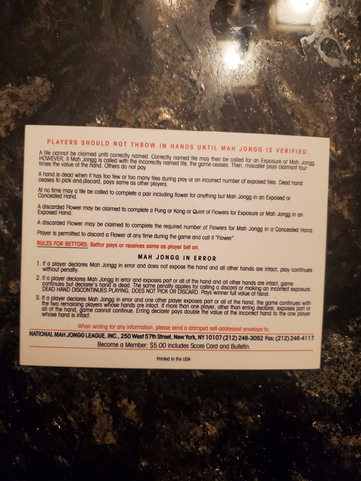 Vtg 1998 NMJL Mah Jongg Small Official Standards Hands & Rules Card, 61st Yr