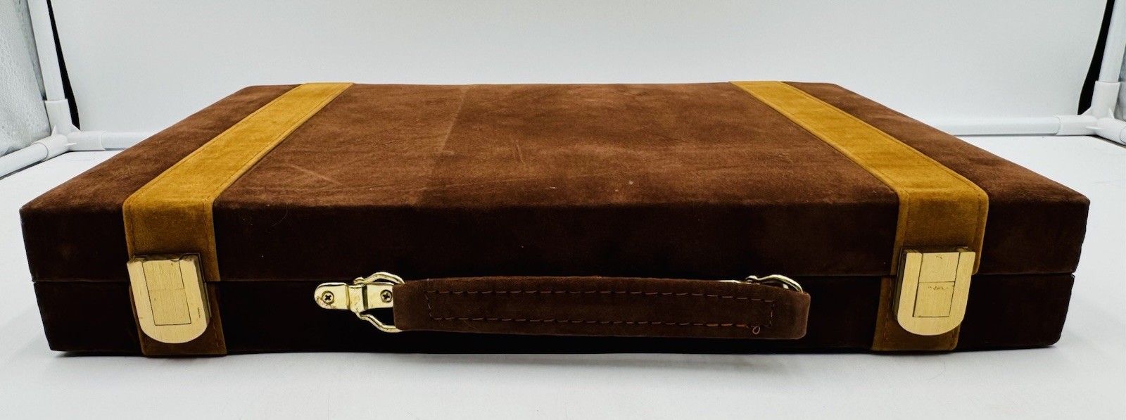 Vintage New Backgammon Game Set Brown Tan Corduroy Felt Briefcase NOS