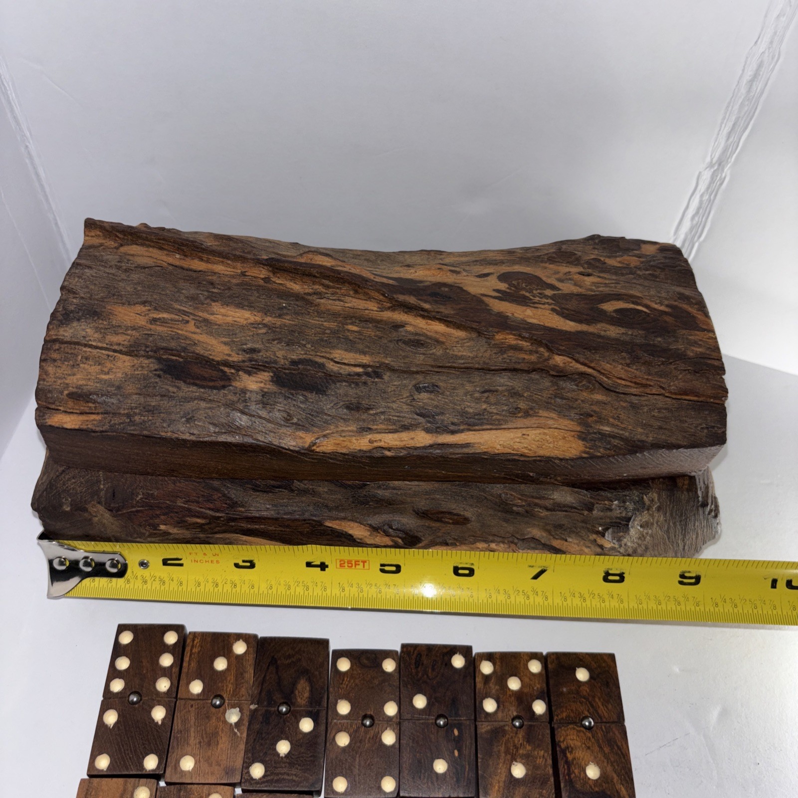 Vintage Hand Carved Wooden Domino Set Rustic Log Box Complete Game Set
