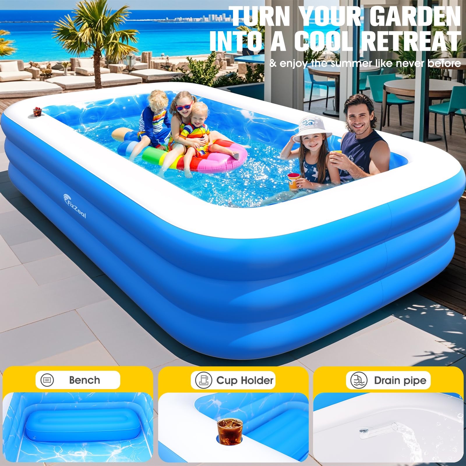 Inflatable Pool 110 x 63 20 Lights Seat Family Backyard White Durable Thickened