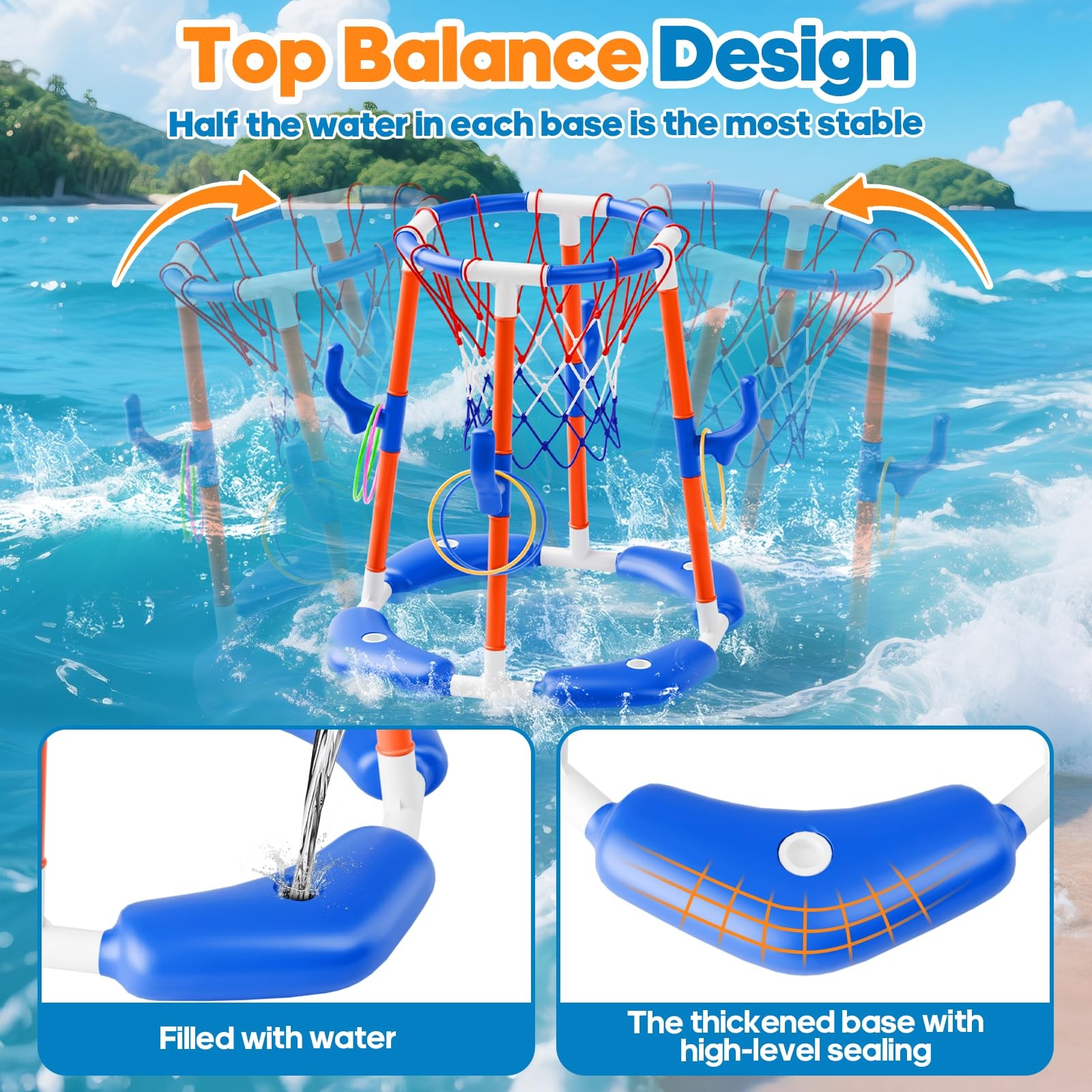 Pool Basketball Hoop 2-in-1 Floating Ring Game 4 Balls Pump Toys Outdoor