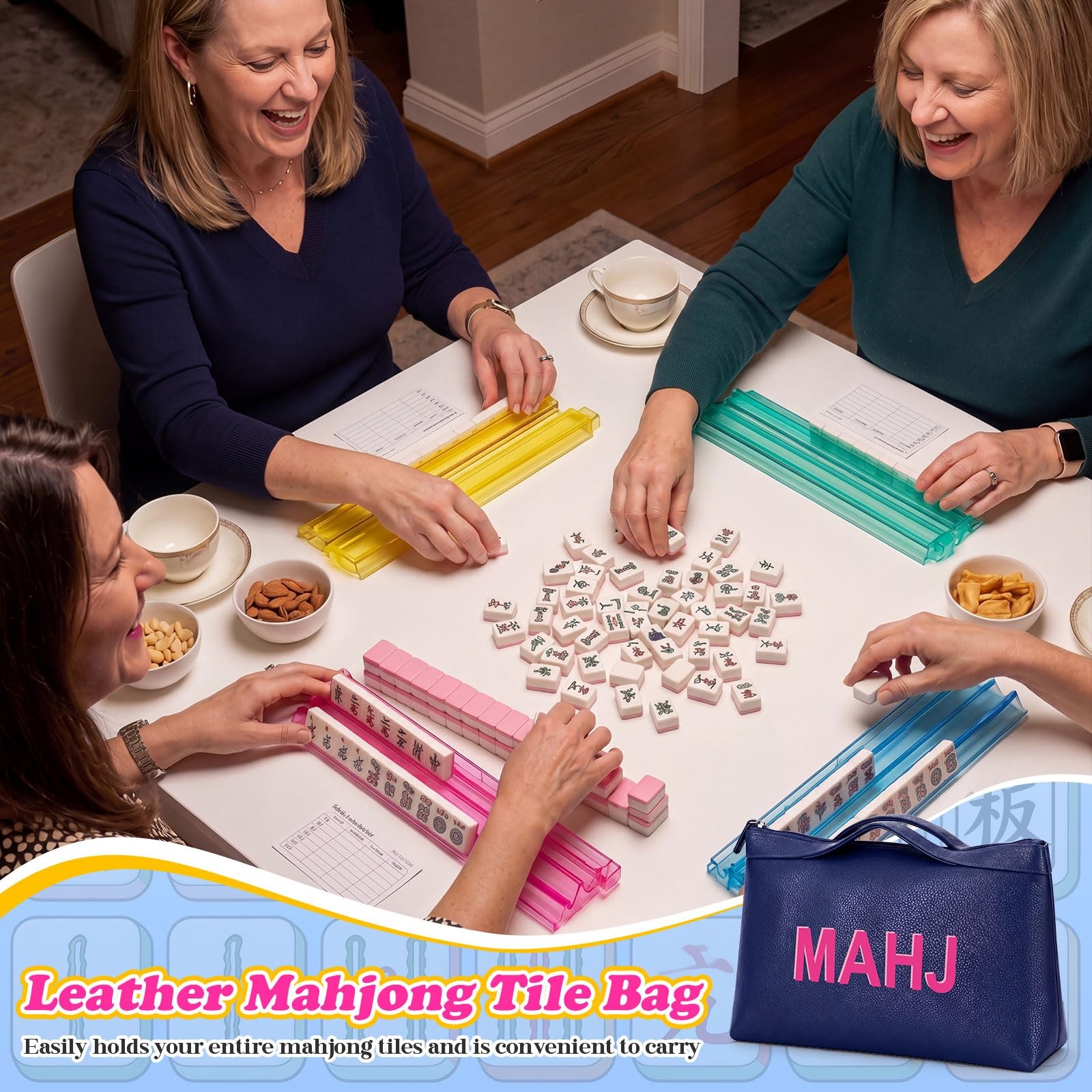 Leather Mahjong Tile Bag with Zipper Handle Lining Mahjong Storage Pouch for …