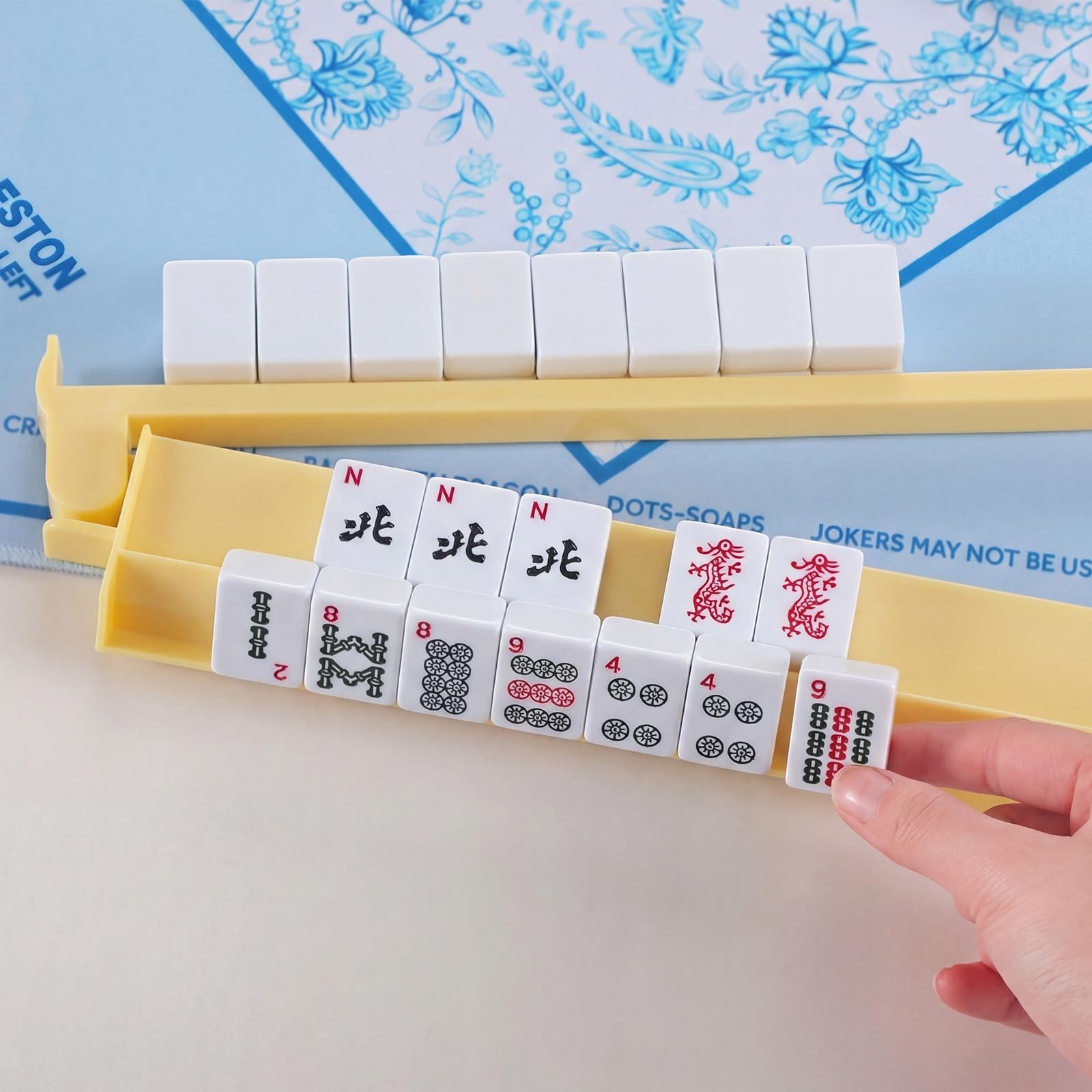 4 Pcs 18.7″ Creamy Yellow Acrylic Mahjong Tile Racks & Pushers – Game Night Set