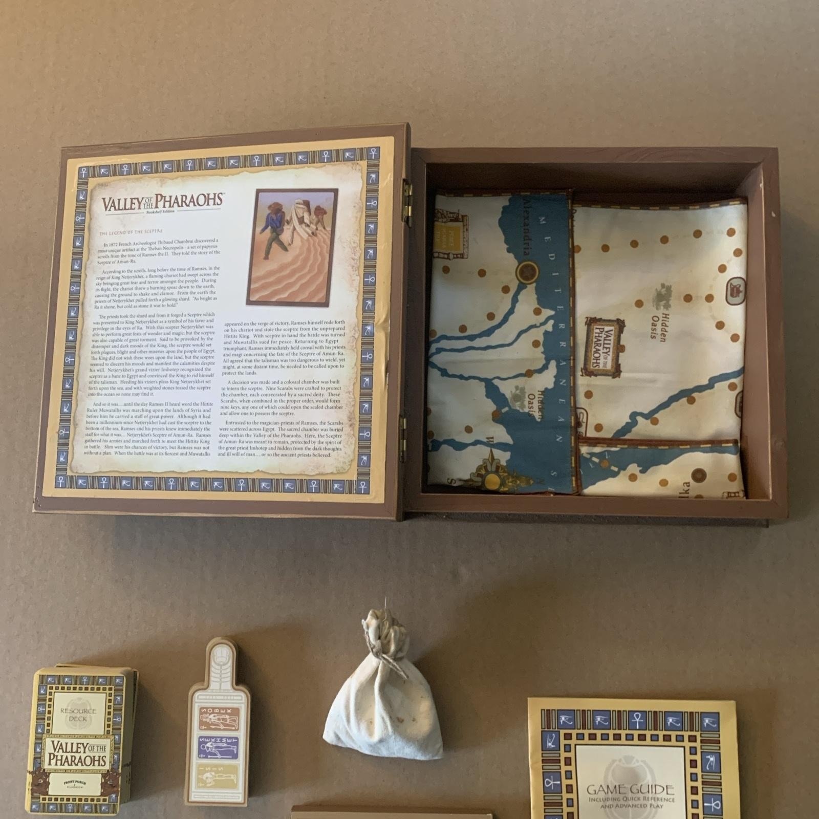 Front Porch Classics Valley of the Pharaohs Board Game Map Rulebook Dice Cards