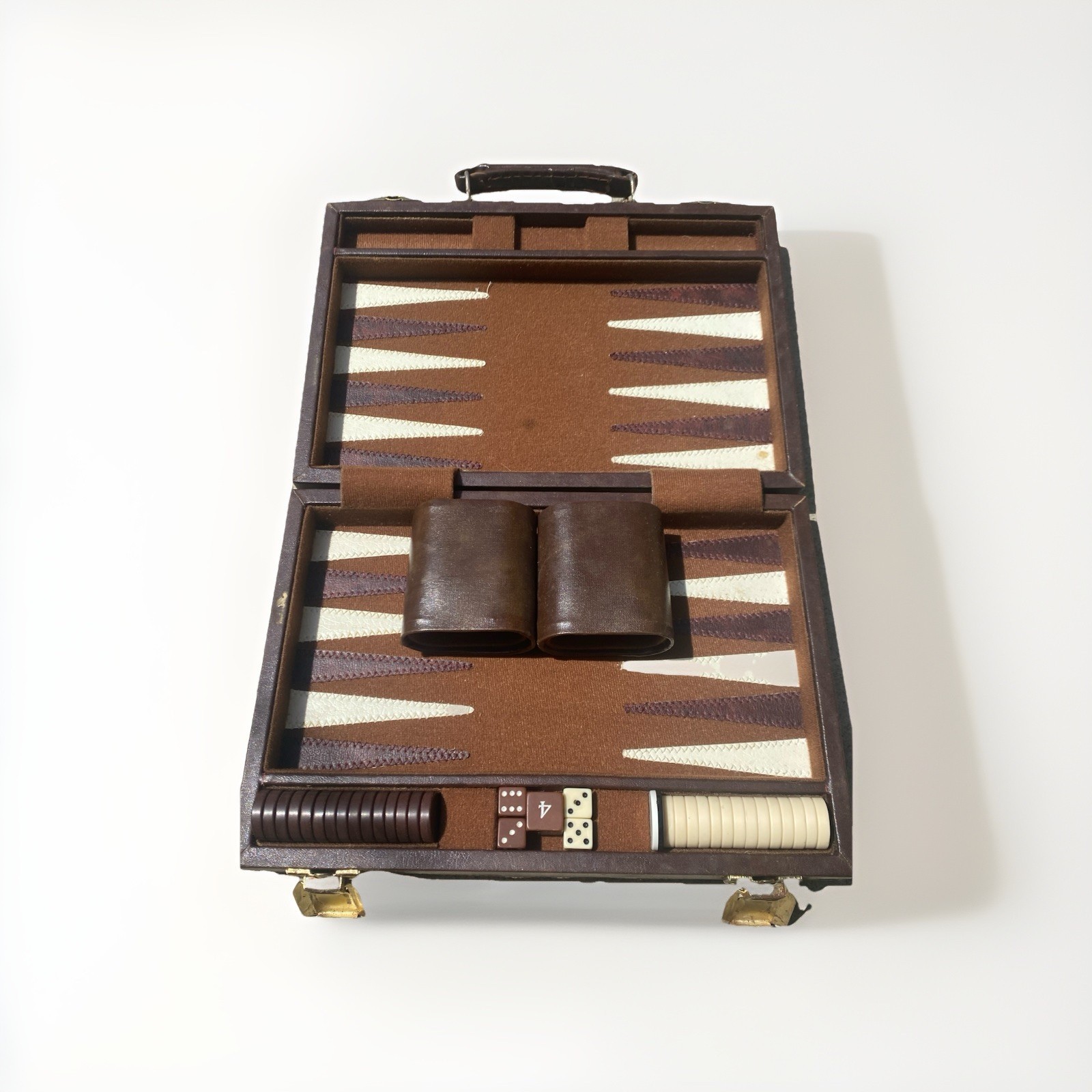 Vintage Backgammon Set Travel Case Leatherette Complete w Dice Cups 1950s 60s