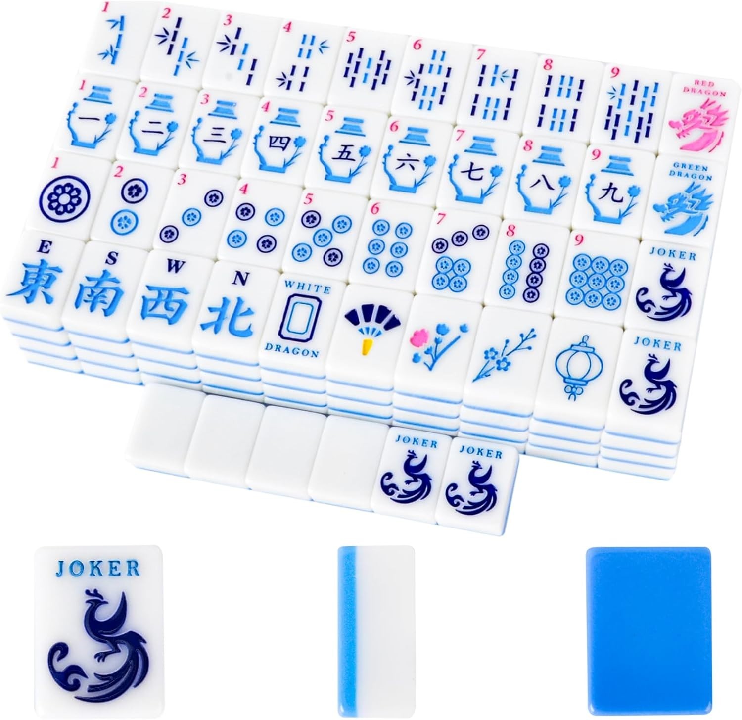 American Mahjong Tile Set, 166 Quality Engraved Tiles Blue Back w Bag,Dice,Chips