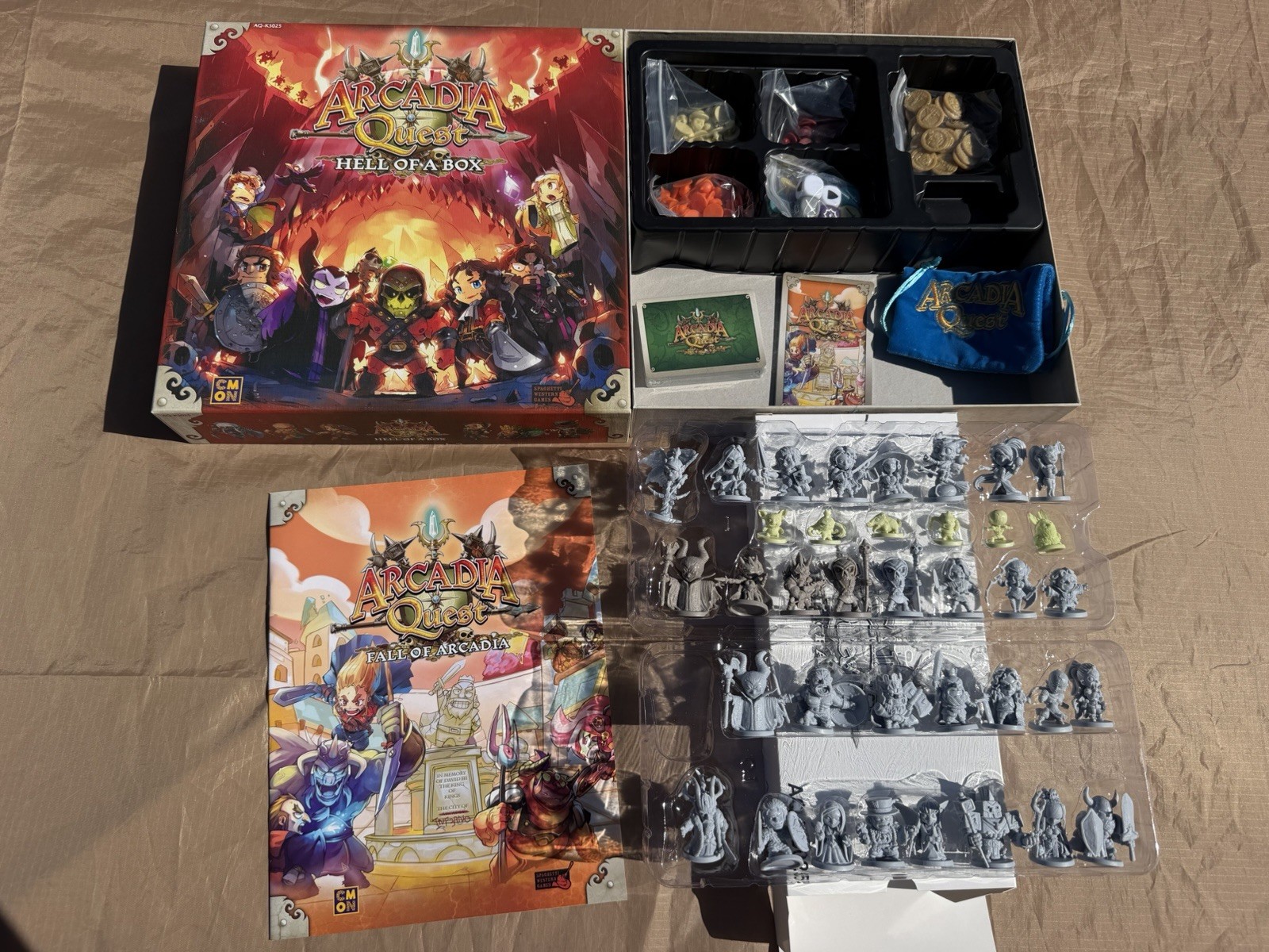CMON Arcadia Quest Inferno Fantasy Board Game Lot w/ Expansion Pack, Miniatures
