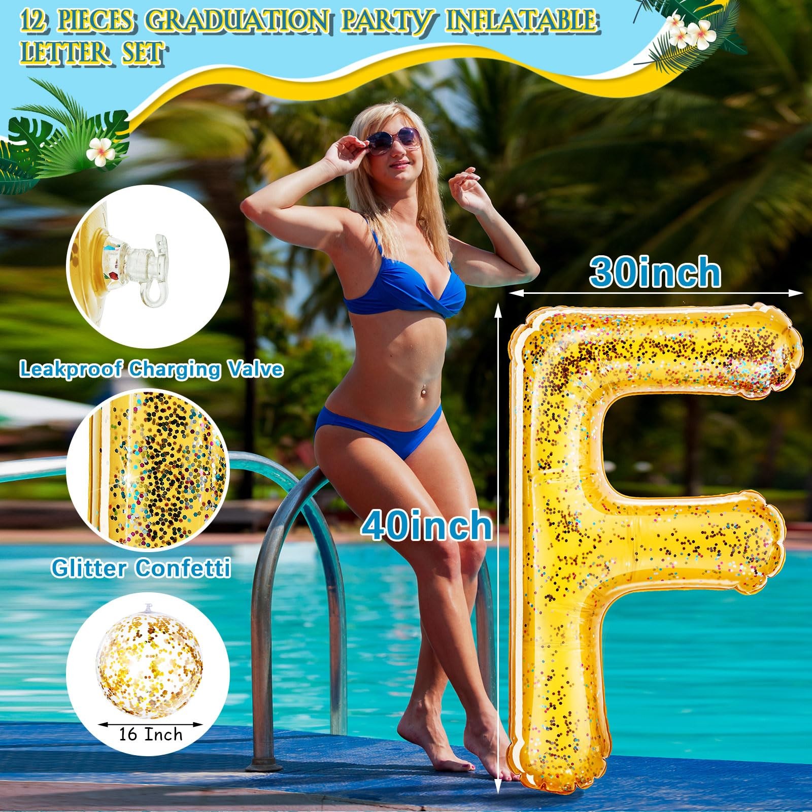 Pool Float Decorations 14 Pcs 30 x 40 Inch Class of 2026 Gold Sumind Extra Large