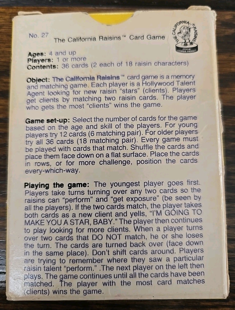 1987 California Raisins Memeory 36 Card Game Age 4 & Up 1 Or More Players. SKU5
