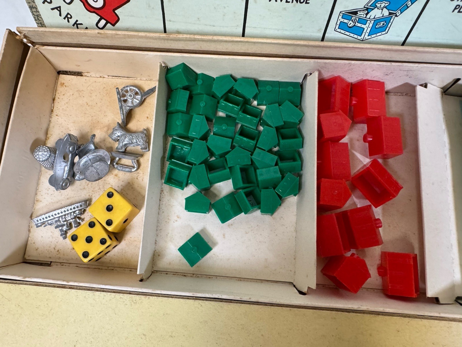 Vintage 1954 Monopoly Game Yellow Box Wooden Tokens Incomplete. See Description.
