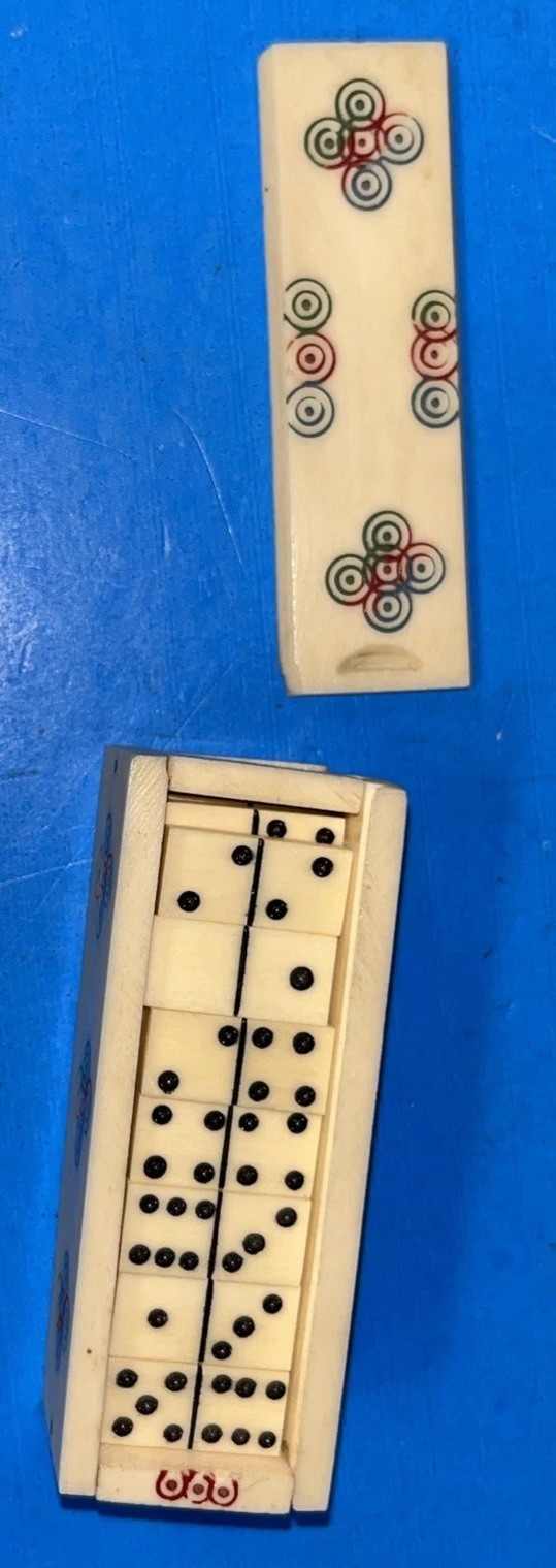 Miniature Bone Domino Set Slide Lid Box Mexican Folk Art 1960s Vintage