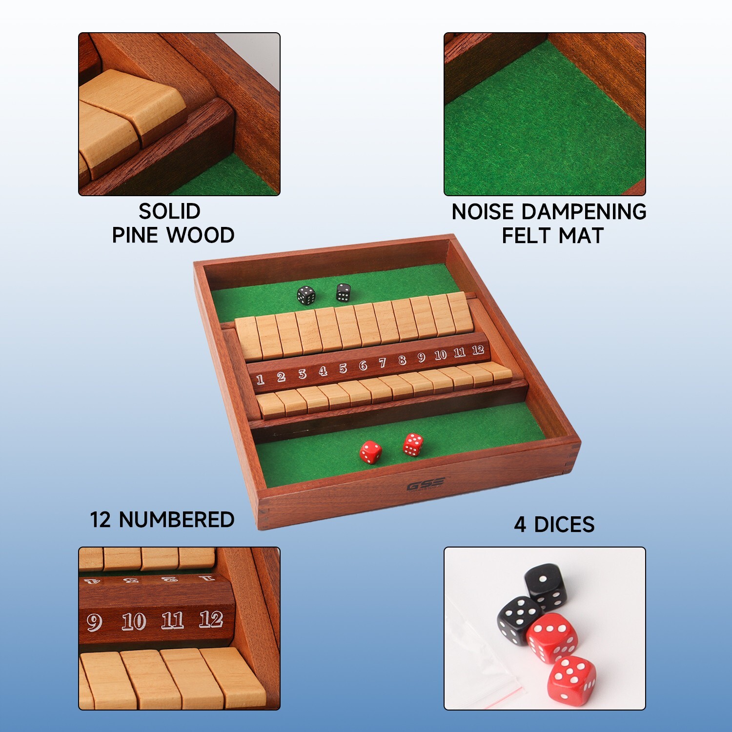 2-Player 12 Number Shut The Box Dice Game. Family Party Porch Pub Bar Board Game