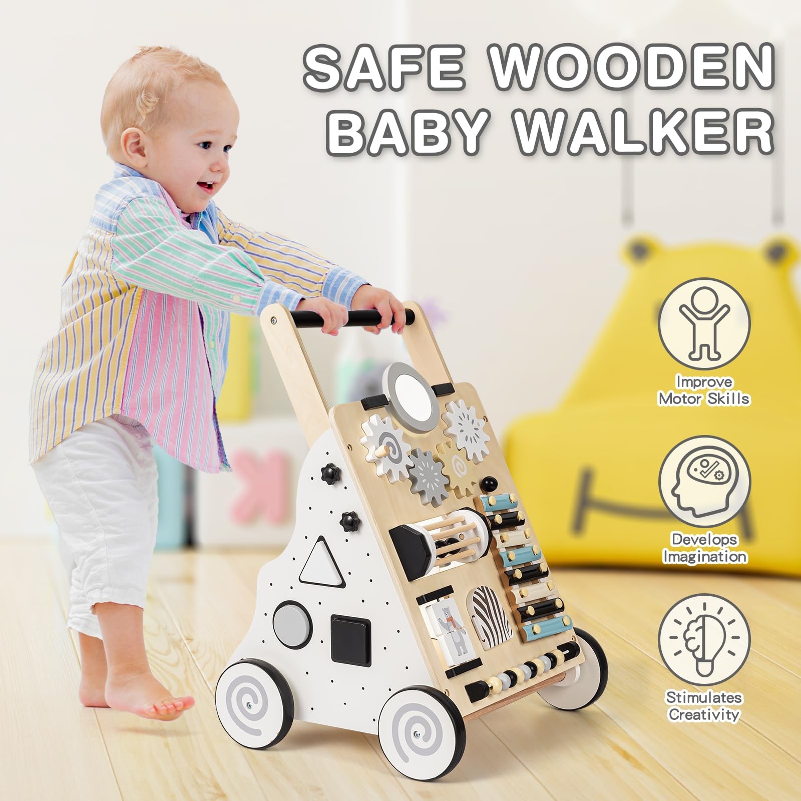 Walker Wooden Montessori Adjustable Height Push Pull Toy HUZU Baby 6-12 1-3 Boys