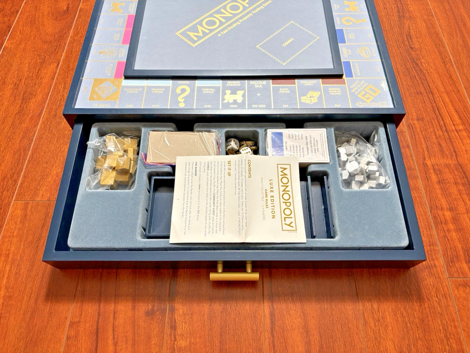 Monopoly Luxe Edition Wooden Board Game Navy Blue Gold Foil WS Game Company