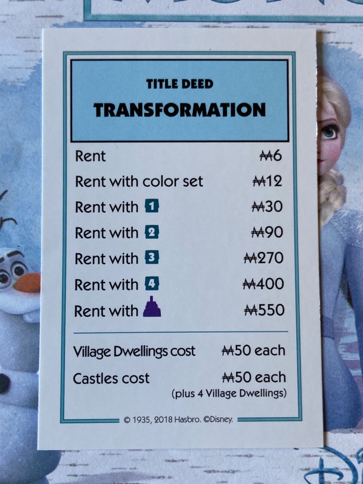 Disney Frozen Monopoly Transformation Light Blue Title Deed Card Game Piece Part