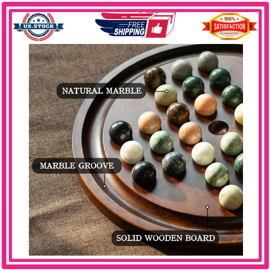 12.6” Wooden Solitaire Board Game Single Player Strategy with Marble Balls Set