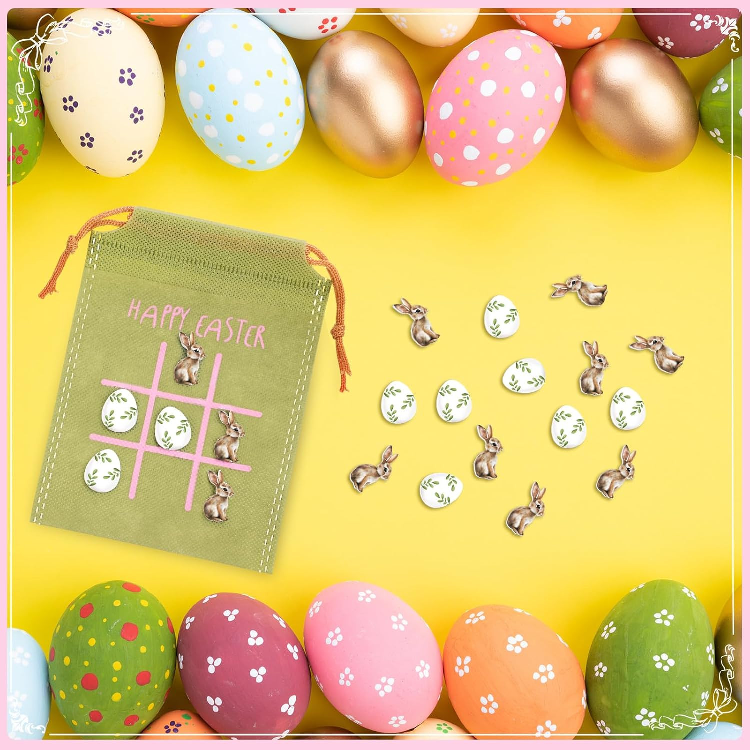 36 Set Easter Game for Kids Bulk Bunny Tic Tac Toe with Vintage Easter Egg Woode