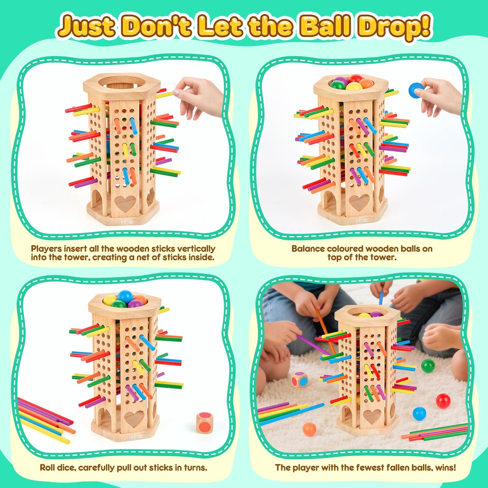Montessori Wooden Board Game, 42-Stick Dice Game, Math Puzzle for 3 4 5 6 Yea…